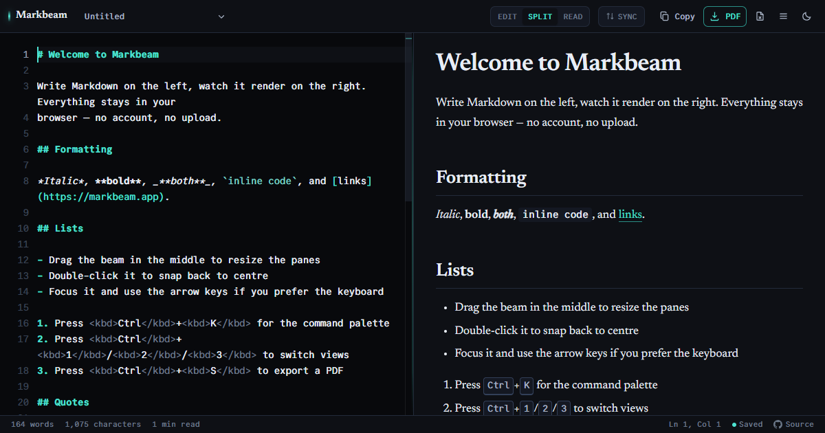 The Markbeam editor with Markdown source on the left and rendered output on the right.